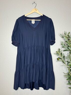 Cinq à Sept Navy Silk Tiered Mini Dress Puff Sleeve V Neck Babydoll Medium